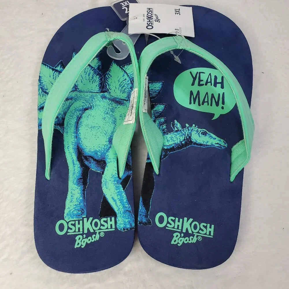 NWT OshKosh B'gosh Dinosaur Green Blue Flip Flops Kids Youth Size 2/3